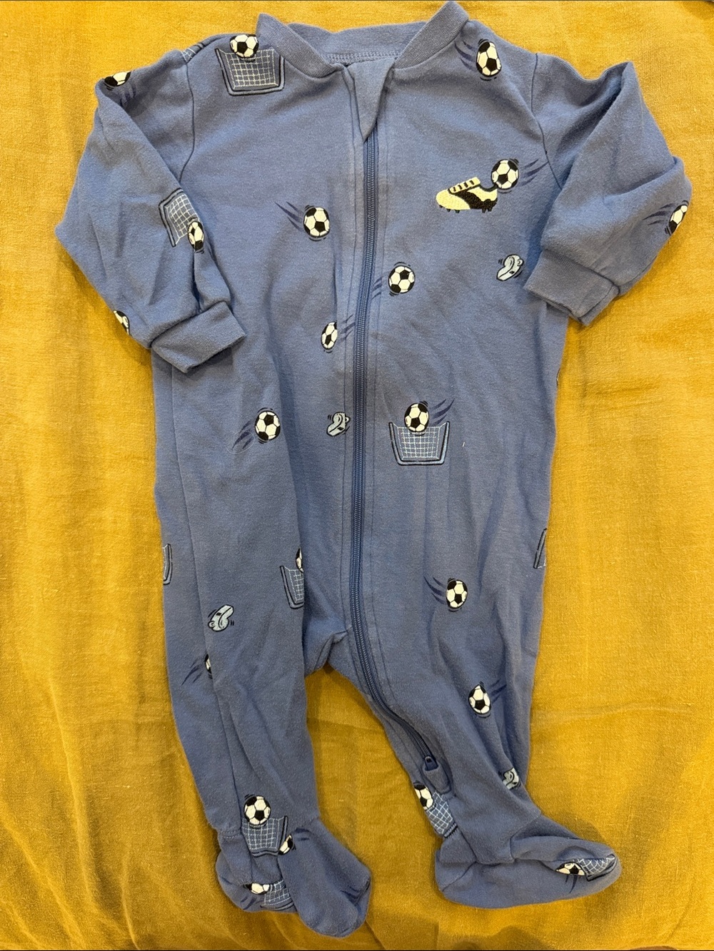 4/ $25 Pekkle Blue Soccer-Print Footed One-Piece Pajamas